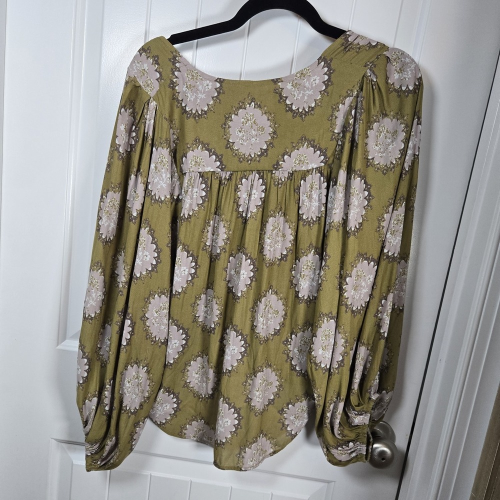Free People Draped Cowl Neck Green Floral Blouse Size XS